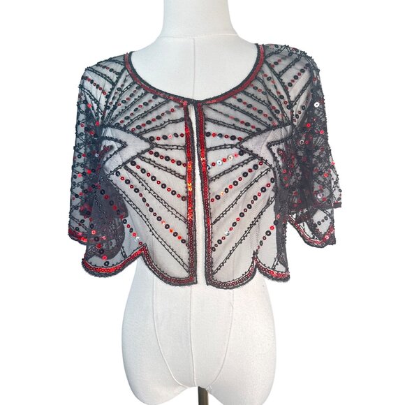 Vintage OS Style Red & Black Evening Sequin Cape Round Neckline Shrug - Picture 2 of 15